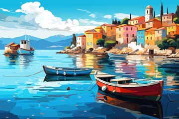 Colorful village of Riomaggiore at sunset, Italy, Colorful seashore city landscape view with dinghy boats floating on the water, AI Generated