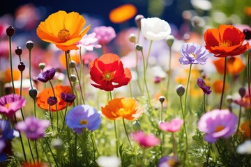 Colorful poppies in the field, soft focus background, Colorful wildflowers blooming in a garden on a sunny day, AI Generated
