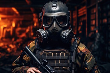Portrait of a special forces soldier in a gas mask. Military concept, AI Generated