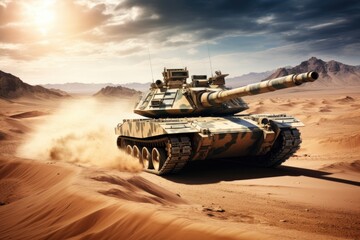 Heavy tank in the desert. 3D illustration. Elements of this image furnished by NASA, AI Generated - obrazy, fototapety, plakaty
