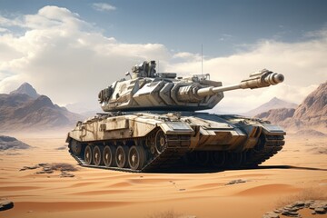 War Concept. Military Tank in the desert at sunset. 3D Render, AI Generated
