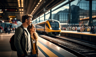 A man and a woman couple standing on the platform at the train station, waiting for the train time
