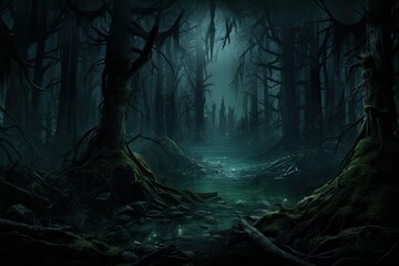 Mysterious dark forest at night. 3D Rendering, AI Generated - obrazy, fototapety, plakaty