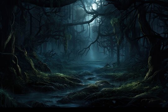 Mysterious dark forest at night. 3D render. Halloween concept, AI Generated
