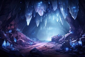 Fantasy cave with ice stalactites. 3D illustration, AI Generated