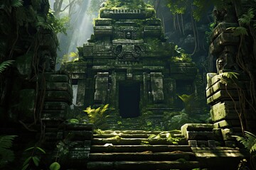 Mysterious ruins of ancient temple in jungle. 3D rendering, AI Generated - obrazy, fototapety, plakaty