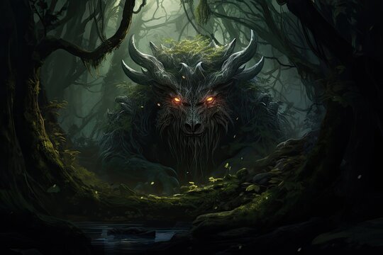 Fantasy monster in the dark forest. 3D illustration. Fantasy, Unicorn in the forest. Fairytale scene. Digital painting, AI Generated
