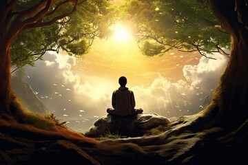 Man meditating in lotus position on a rock in the forest, AI Generated
