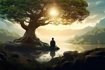 Man meditating on a rock near a big tree in the forest, AI Generated