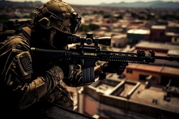 Portrait of a special forces soldier with assault rifle on the background of the city, AI Generated - obrazy, fototapety, plakaty