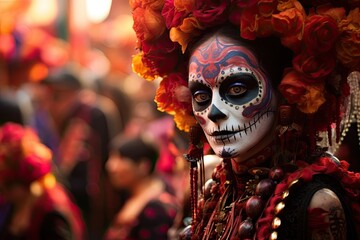 Unidentified participant on a carnival of the Day of the Dead in Oaxaca, Mexico. The Day of the...