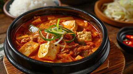 ‘Kimchi Jjigae’ or Kimchi Soup with Soft Tofu or Korean Kimchi Stew - Korean Food Traditional Style