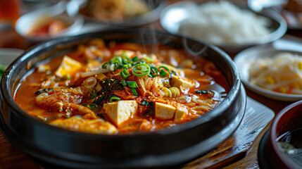 ‘Kimchi Jjigae’ or Kimchi Soup with Soft Tofu or Korean Kimchi Stew - Korean Food Traditional Style - obrazy, fototapety, plakaty