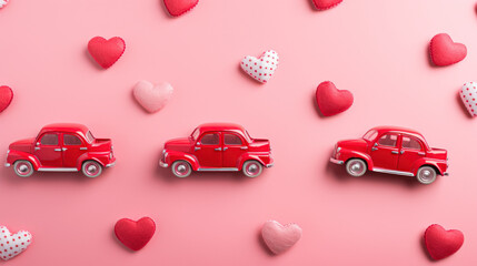 Red retro toy red car with red bow for Valentine's day on pink background with heart. Top view, flat lay, banner