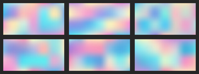 Fototapeta premium Set of gradient backgrounds. Vector, dreamy backdrop, neon design element. Fashionable holographic defocused texture. Digital gradient paper in Funky Cool Tech style.