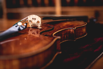 close up shot of a viola laying on velvet at a musical instrument shop