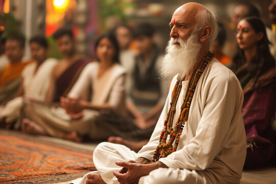 Elderly Indian Man Meditating in a Group Setting