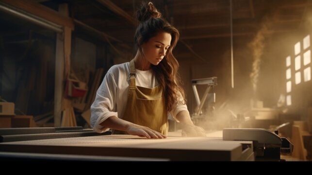Close Up Portrait of an Attractive Young Artisan Carpenter Using Hand Plane to Shape a Wood Bar.