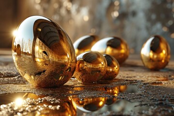 Sunlit golden Easter eggs on a reflective surface, embodying wealth and festivity, luminous celebration, reflective brilliance..