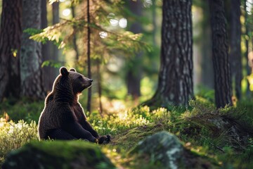 A bear doing yoga in a peaceful forest clearing