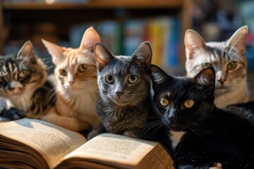 A group of cats as mystery novelists in a cozy book café - obrazy, fototapety, plakaty