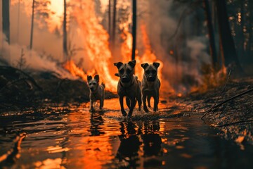A team of dogs as firefighters bravely extinguishing forest fires