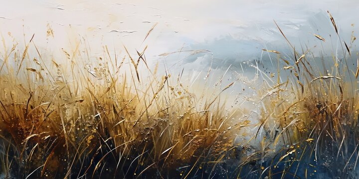The painting features long grass with a  bokeh light background.