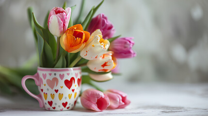 Colored tulips and cup with hearts on a white background, Valentine's Day concept