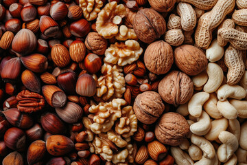 Mix of different kinds of natural nuts background, including of pecan, almond, cashew, and  other nuts, popular nutrients and high protein snack, essential fiber and healthy fats.