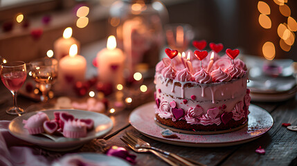 Create a festive and inviting photo of a Valentine's Day cake and valentines, set against a...