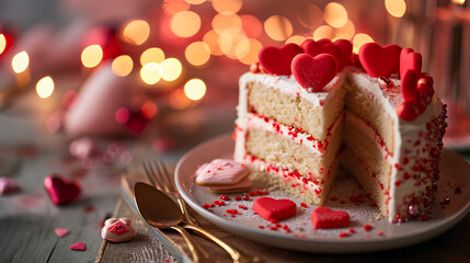 Create a festive and inviting photo of a Valentine's Day cake and valentines, set against a decorated celebration backdrop