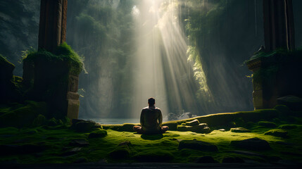 a person praying, a person asking god for something, while a ray of sunlight illuminates it. - obrazy, fototapety, plakaty