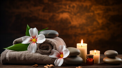 Obraz na płótnie Canvas Luxurious Spa Retreat: Brown Background with Candles, Towels, Massage Stones and Exotic Flowers