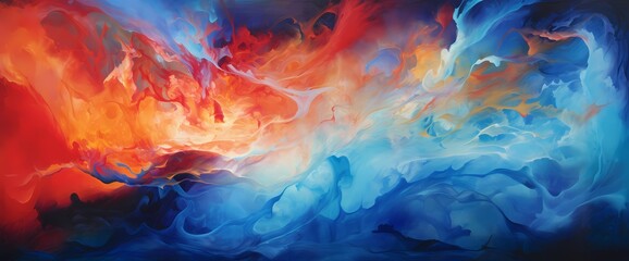 A dynamic explosion of electric blue and fiery orange, resembling a liquid collision frozen in...
