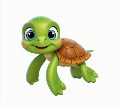 A 3d cartoon character swimming turtle on the white background, looking cute, adorable and joyful