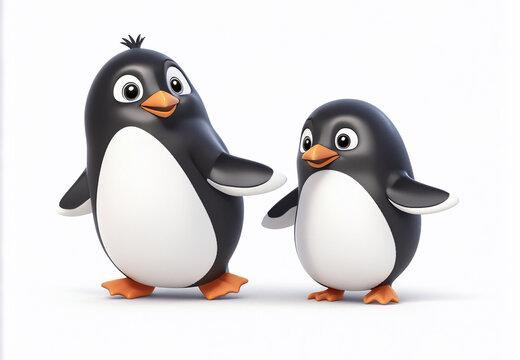 A 3d two cartoon character penguin on the white background, looking cute, adorable and joyful