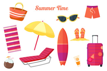 Collection of bright colored summer clothes, accessories, food products, tools or decorative design elements isolated on white background. Seasonal colorful vector illustration in modern flat style.