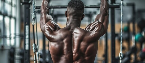 Muscular man showcases back muscles with pull-ups in the gym.