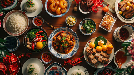 Top view of delicious chinese food meal on red table background for celebration Chinese New Year - obrazy, fototapety, plakaty