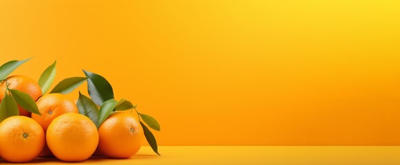 Oranges with leaves and flowers on an orange background