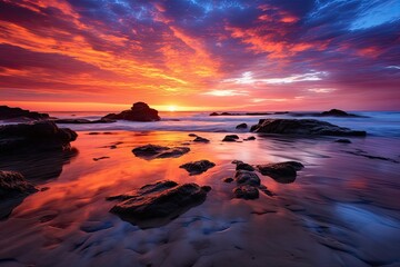 Fototapeta na wymiar Beautiful sunset at the beach in Asturias, Spain, AI Generated