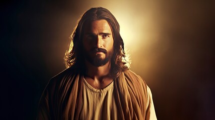 Jesus solid colour background 4k , looking to camera, copy space - generative ai