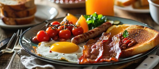 Classic English breakfast including bacon, sausage, fried egg, beans, and orange juice. - obrazy, fototapety, plakaty