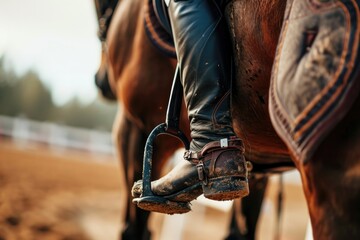 Close-up of a horse's saddle and equestrian's boots in a show jumping event - obrazy, fototapety, plakaty