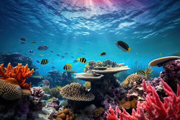 Underwater world with corals and tropical fish. 3d rendering, AI Generated