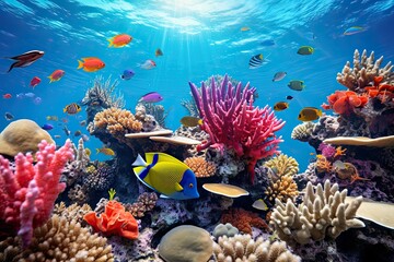 Fototapeta na wymiar Underwater view of coral reef with tropical fish. Underwater world, AI Generated