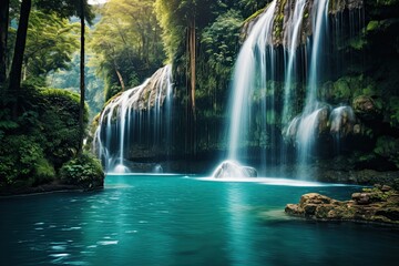 Beautiful waterfall in deep forest, Kanchanaburi province, Thailand, AI Generated