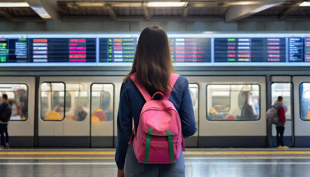 The girl with the backpack with her back turned is looking at the train timetable screens at the train station.