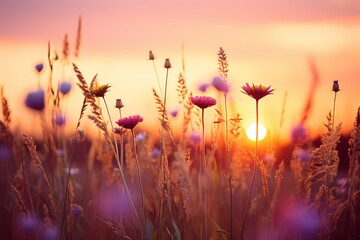 A field of wildflowers at golden hour, the sunlight creating a gradient effect from warm yellows to...