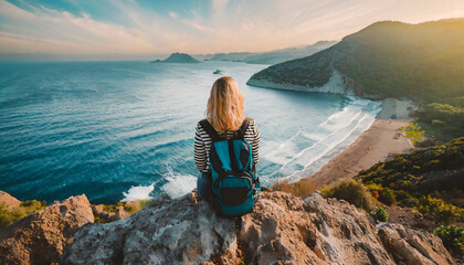 A girl with a backpack sitting on the rocks on the hill. Watching the choppy sea and the bay. Travel concept - obrazy, fototapety, plakaty